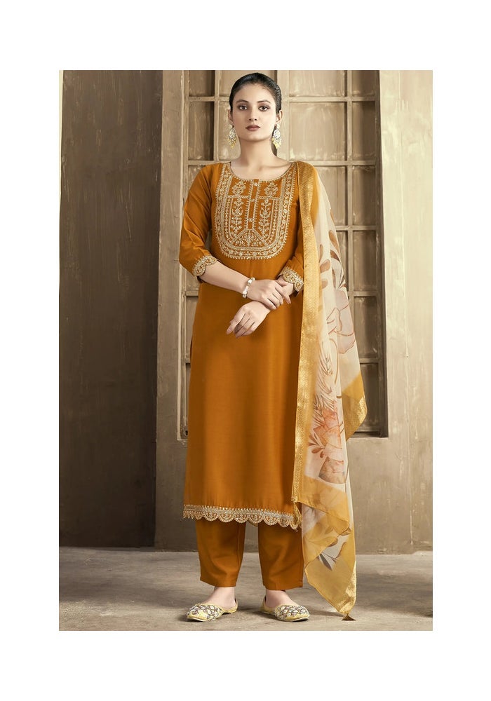 Malishka Export Embroidered Mustard Kurta Pant Set for Women - Image 1